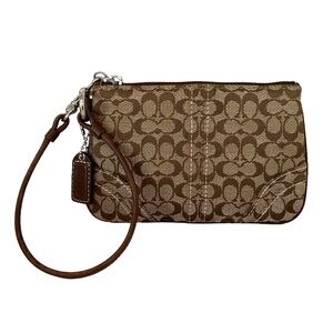 COACH Small Brown Signature Wristlet Coin Purse Makeup Cosmetic Accessories Bag